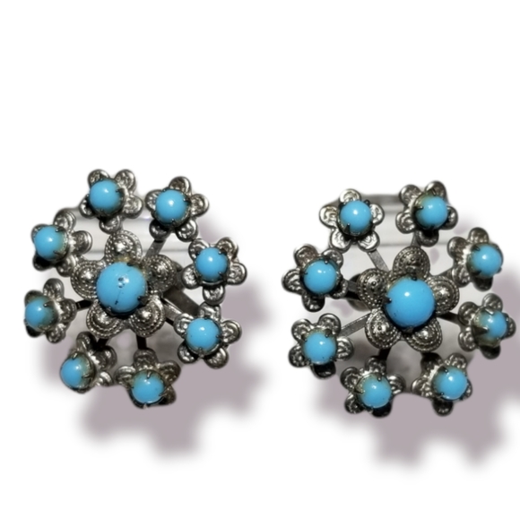 Vintage Sterling Silver & Turquoise Clip Earrings Signed - Picture 1 of 4